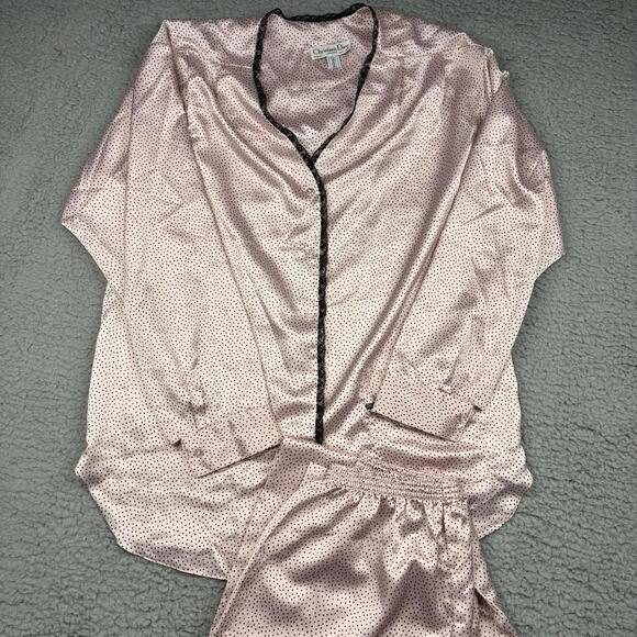 Other - VTG‎ Christian Dior Satin Polka Dot Pajama Set 2pc Women's S Pink USA Lingerie